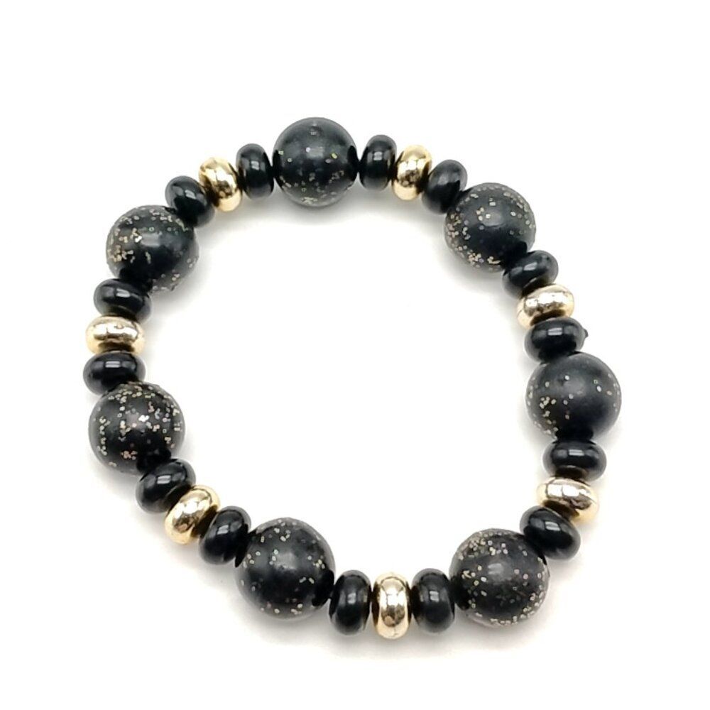 Black Beaded Stretch Bracelet with Gold Accents - Boho Chic Statement Jewelry